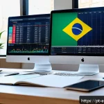 주식 시장의 이론적 배경 - A modern Brazilian investor’s home office setting, with multiple high-resolution monitors displaying...