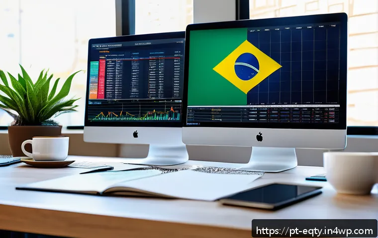 주식 시장의 이론적 배경 - A modern Brazilian investor’s home office setting, with multiple high-resolution monitors displaying...