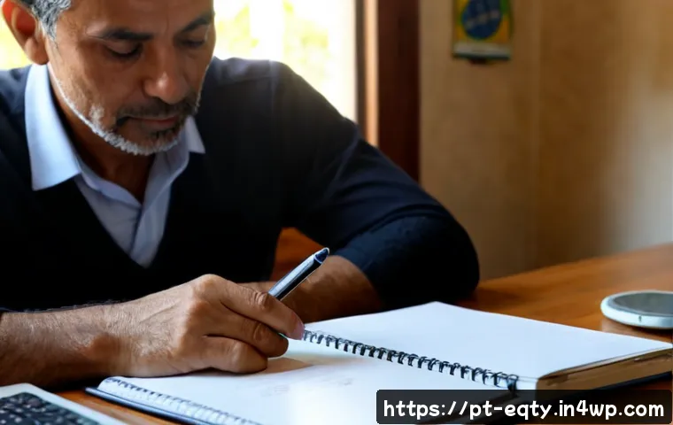 Home 17 주식 투자 성공을 위한 멘탈 관리 - Photorealistic Portuguese investor in their late 40s sitting calmly at a clean home office desk duri...
